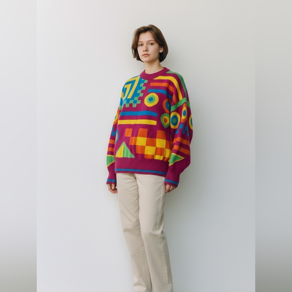 Vintage 80s IB Diffusion Knit Sweater Crewneck Abstract Bright Checkered Large
